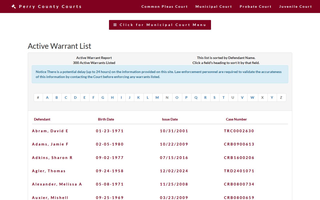 Perry County active-warrant record report interface